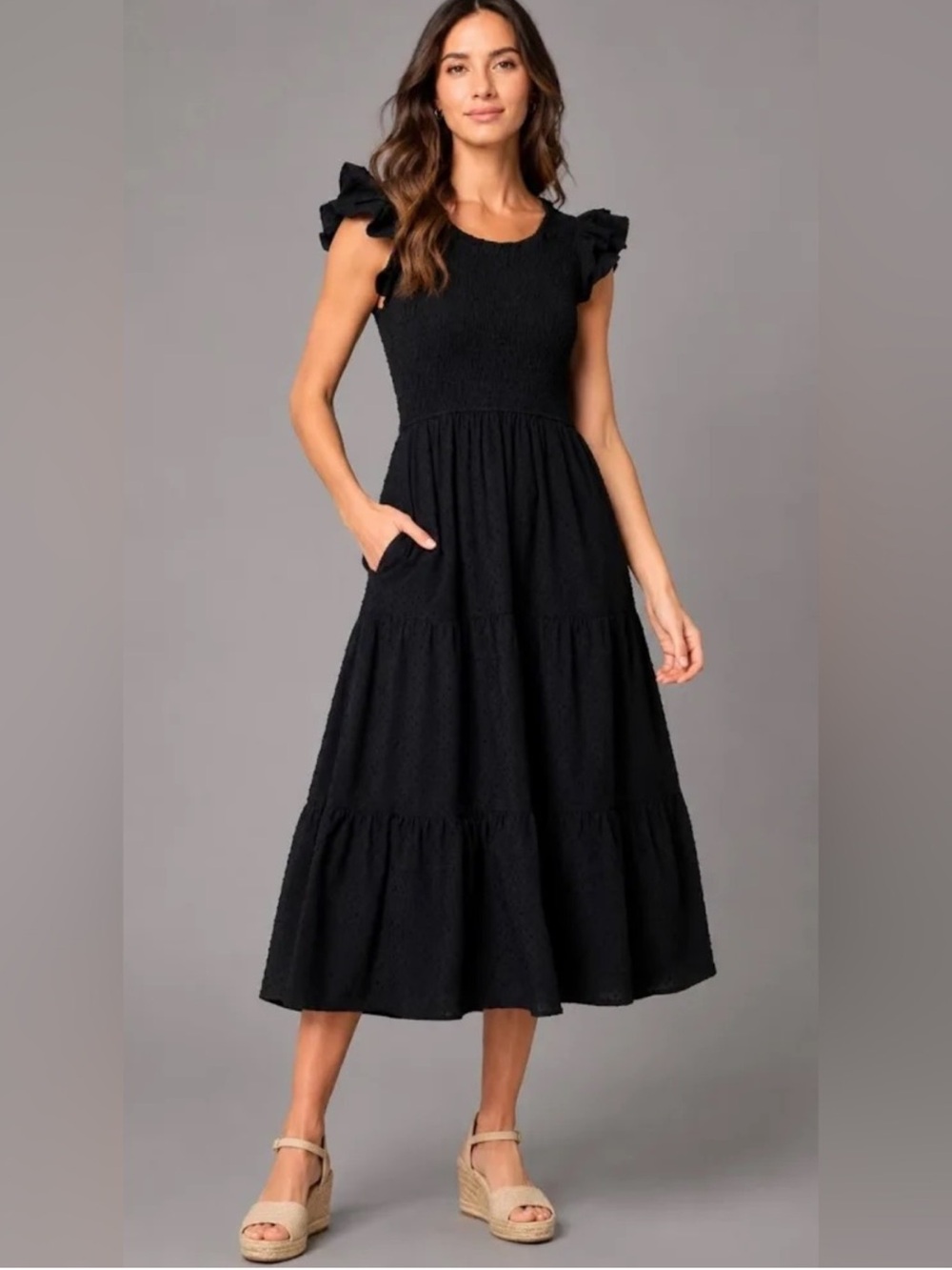 NWT J Crew Clip-dot smocked flutter-sleeve black midi dress size XS